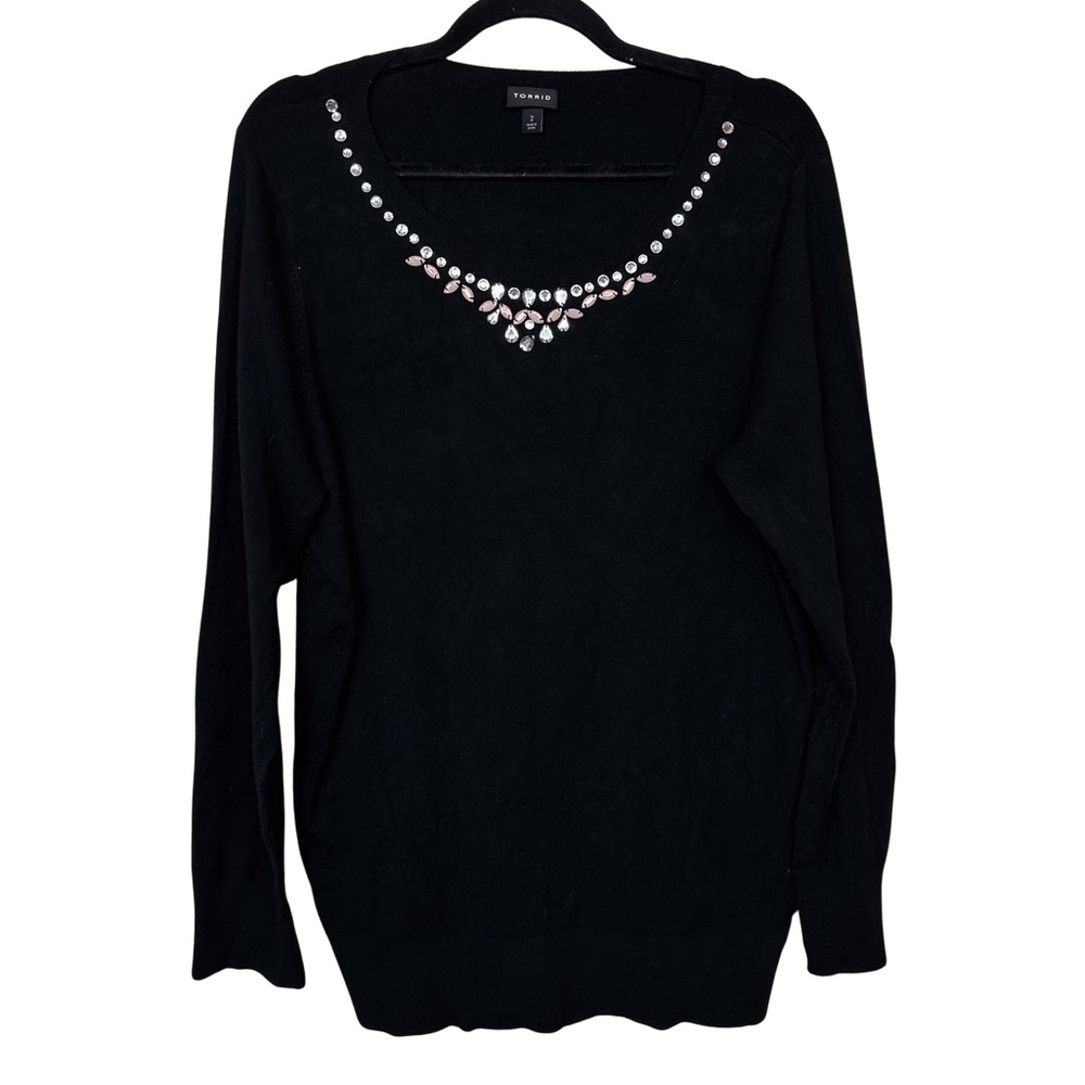 Torrid Black Bling Jewel Beaded Embellished Scoop Neck Soft Long Sleeve Sweater